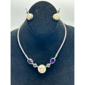 Vintage MOONSTONE With Semi-Precious Stones Necklace‎ & Earring Set Sterling